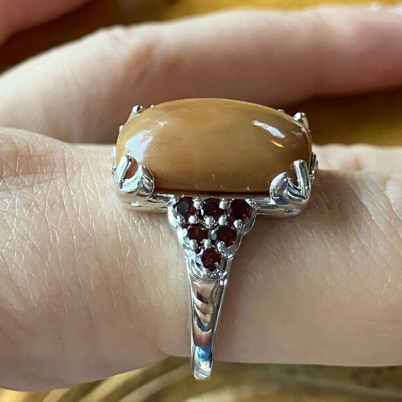 Natural Caramel Opal Red Garnet Sterling Silver Ring Size 10 - Picture 2 of 8